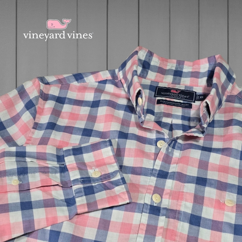 Vineyard Vines Mens Slim Longshore Plaid Button Down Shirt Pink Blue XS